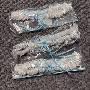 White Lace Garters with Blue Ribbon